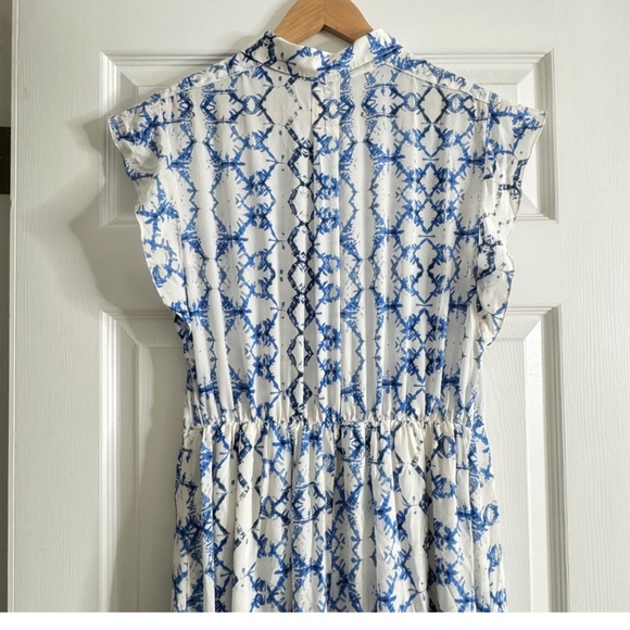 Rebecca Taylor Silk Maxi Dress Button Front Short Flutter Sleeve Blue White Sz 8 - Picture 6 of 16